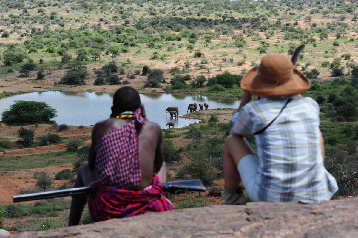 Beobachtung von Elefanten am Wasserloch bei Karisia Walking Safaris in Laikipia